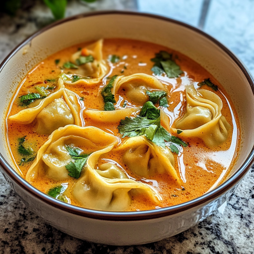 Un bol de soupe de dumpling rouge facile à la curry thaï.