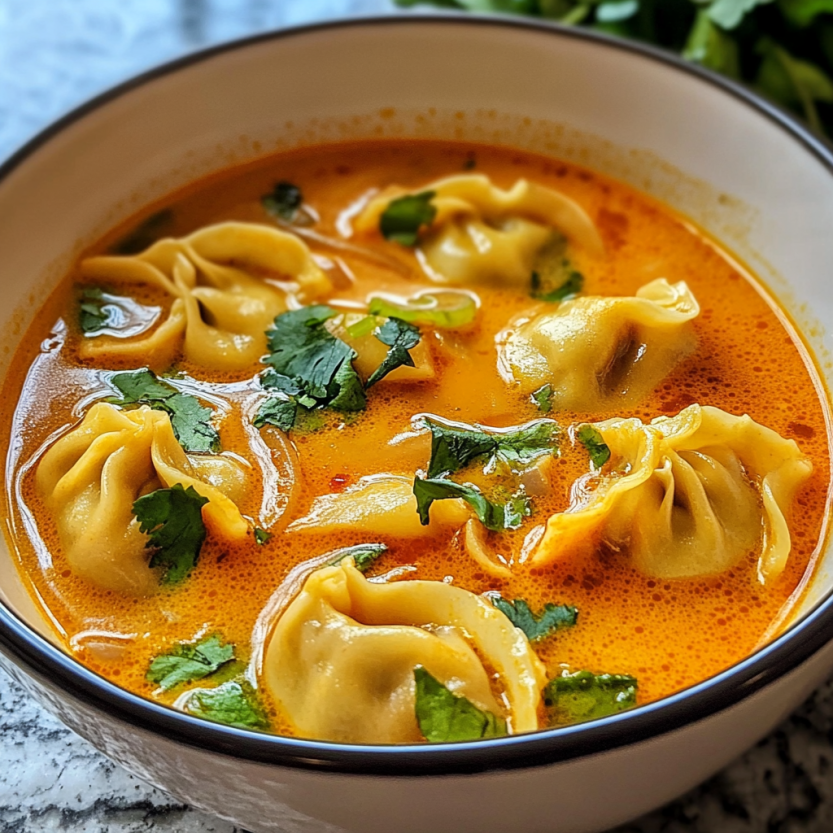 Un bol de soupe de dumpling rouge est rempli de dumpling et de légumes verts.