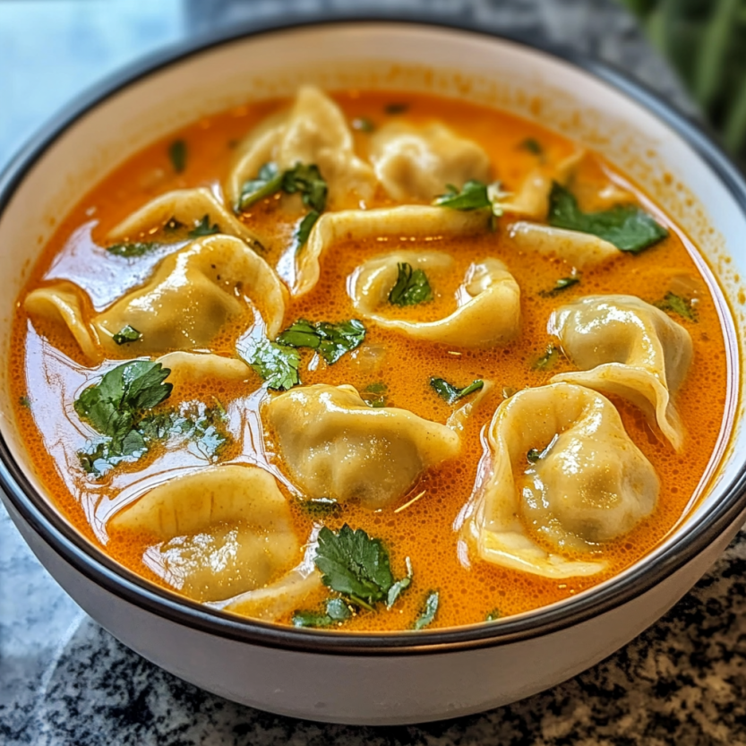 Un bol de soupe de dumpling rouge facile à la curry thaï.