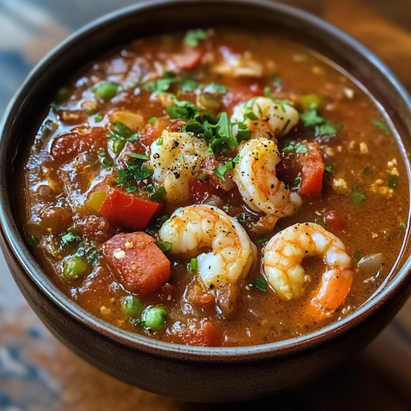 Un bol de gumbo de Louisiane avec des tomates, des poivrons, des épinards, des moules et des moules.