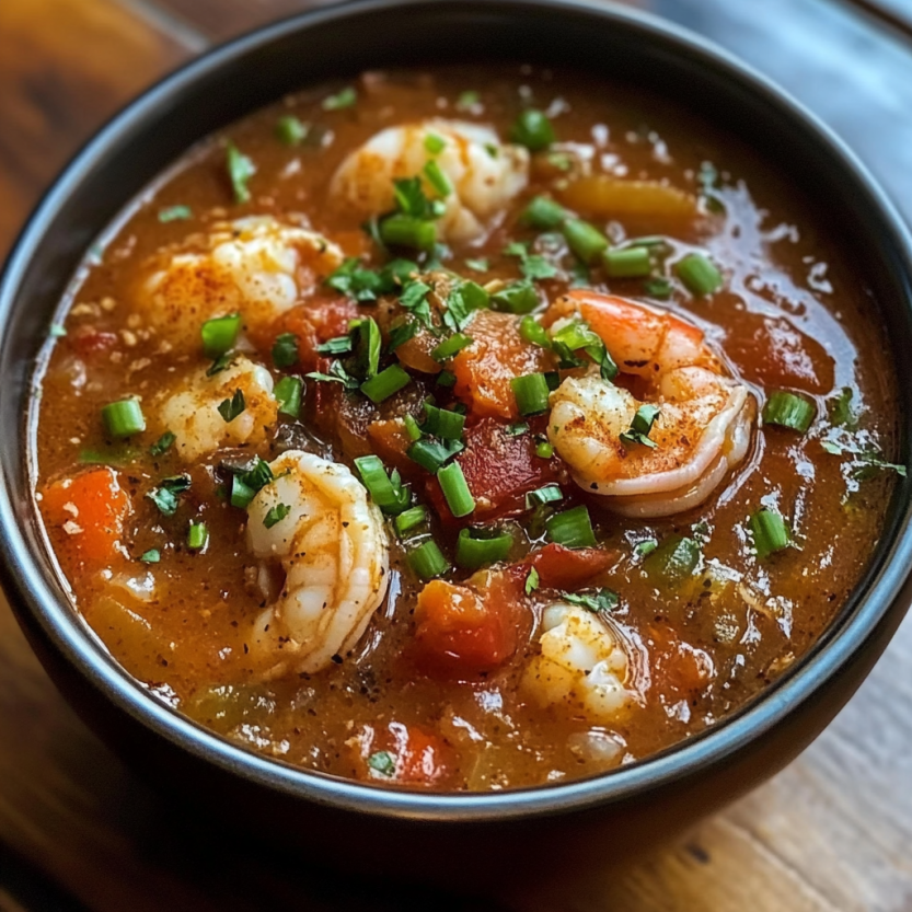Un bol de gumbo de Louisiane avec des épinards, des tomates, des poissons et des herbes.