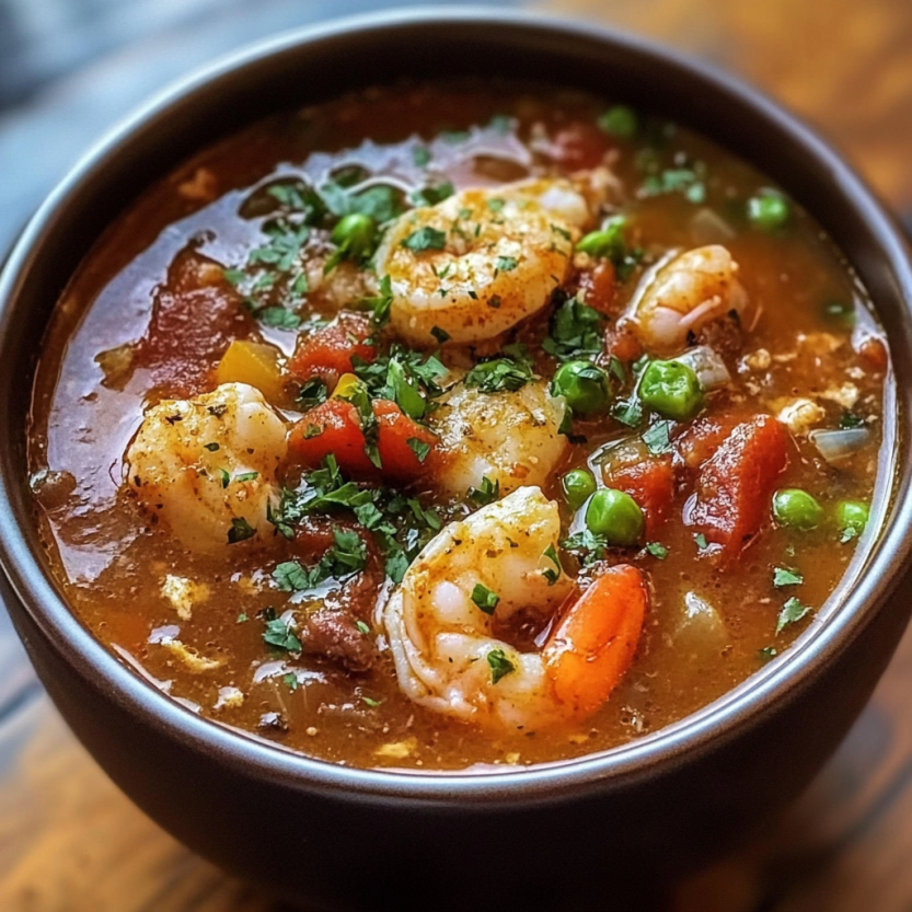 Un bol de gumbo de la Louisiane avec des épinards, des tomates, des pois chiches et des moules.