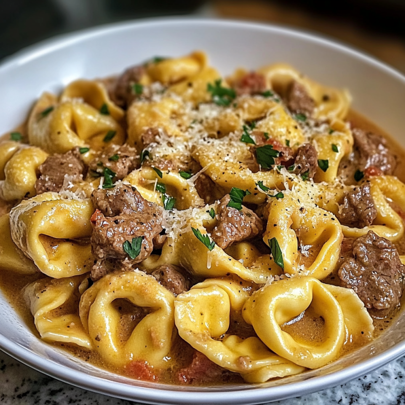 Une assiette de tortellini au cheesesteak.