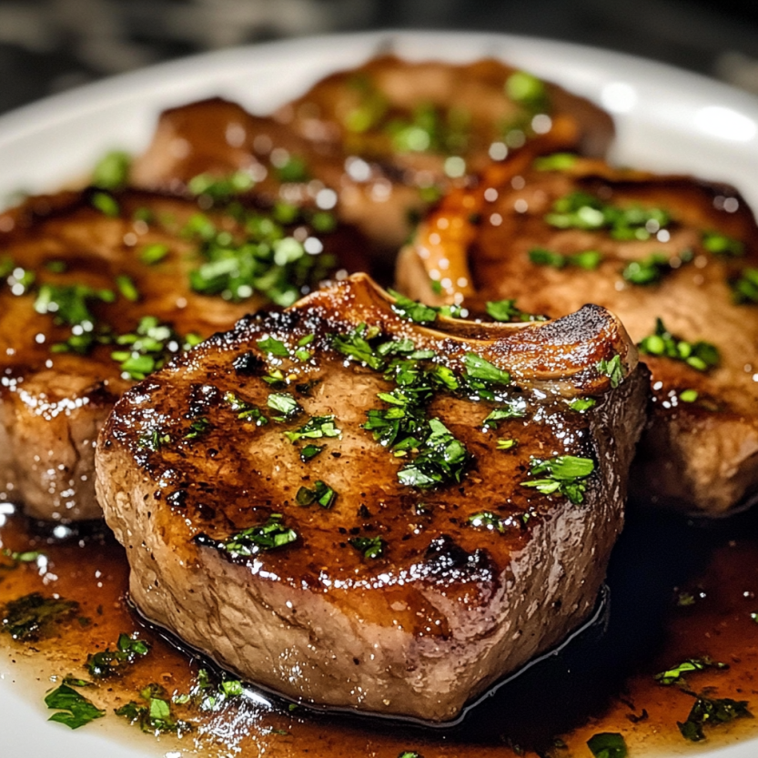 Des chops de viande brune avec des herbes vertes sur un plateau.