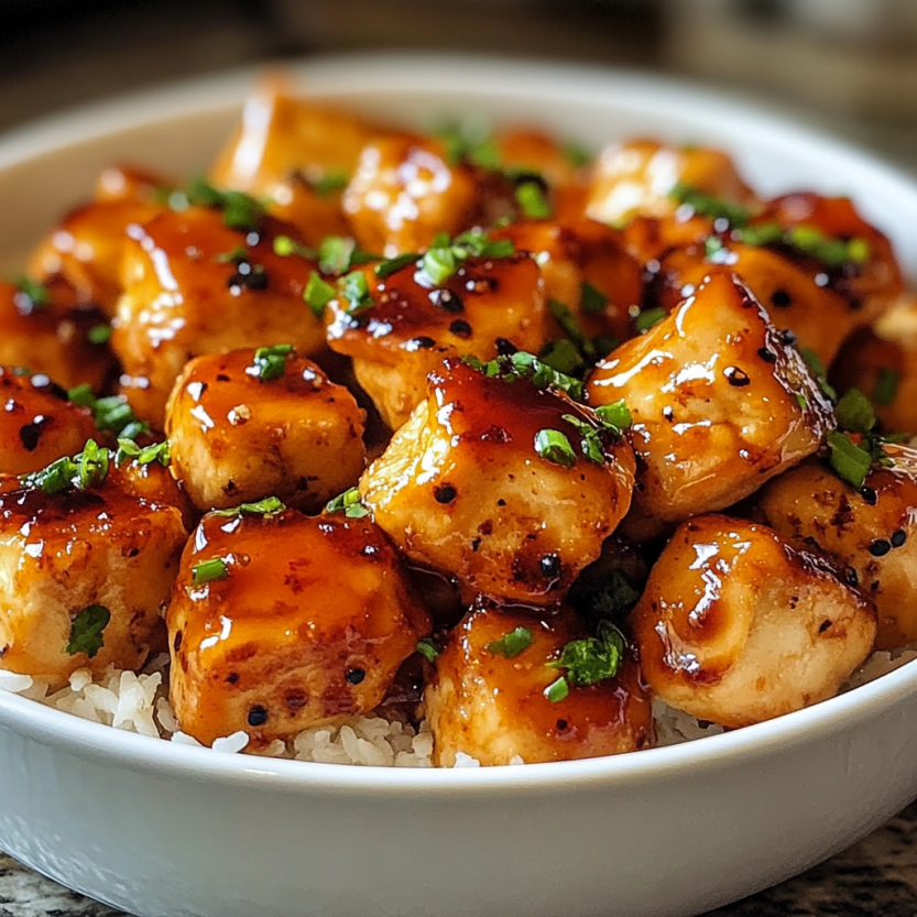 Une assiette de poulet grillé avec une sauce épicée et un glaçage de miel.