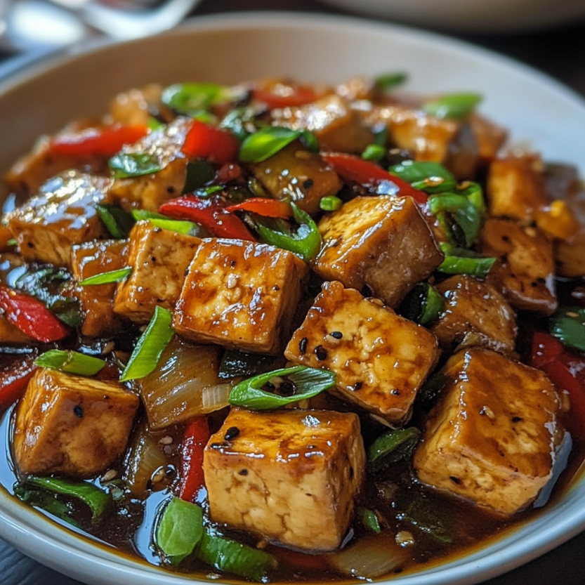 Une assiette de stir-fry de tofu avec des légumes verts.