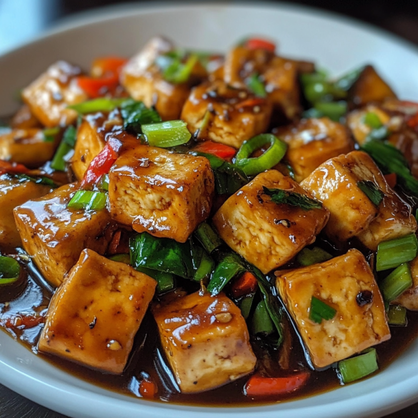 Une assiette de stir-fry de tofu avec des légumes verts et des épices.