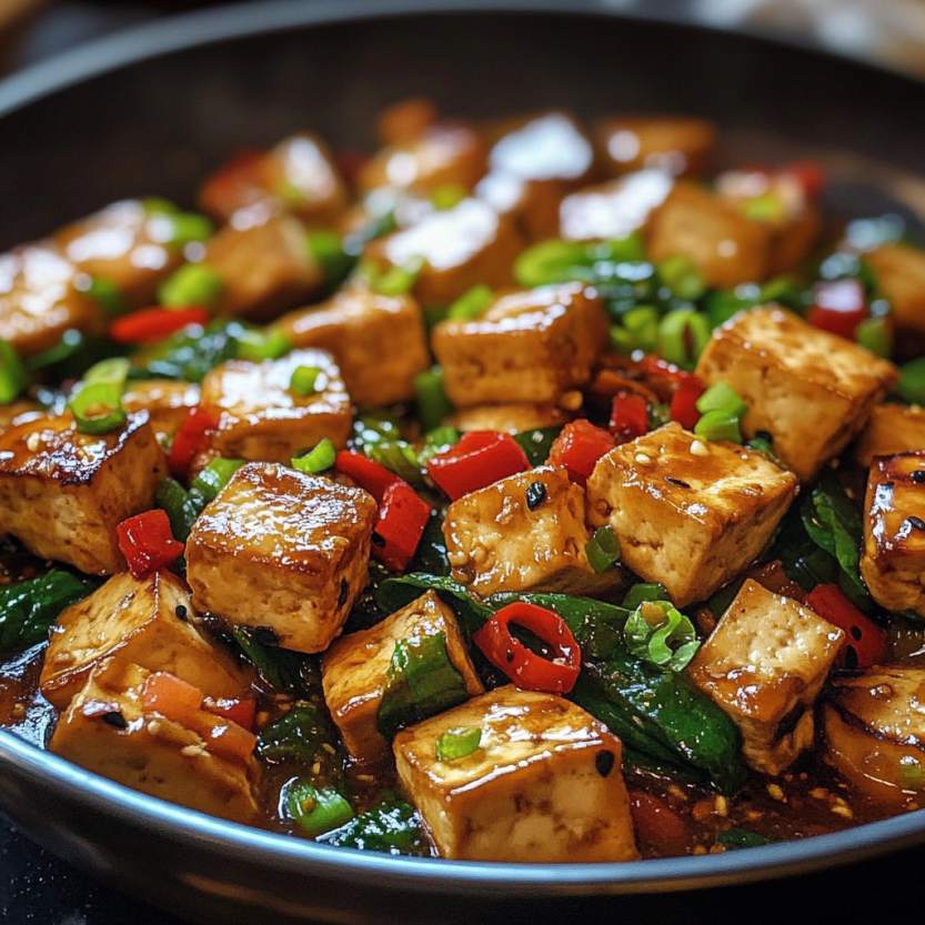 Une assiette de stir-fry de tofu avec des légumes verts et des pommes de terre.