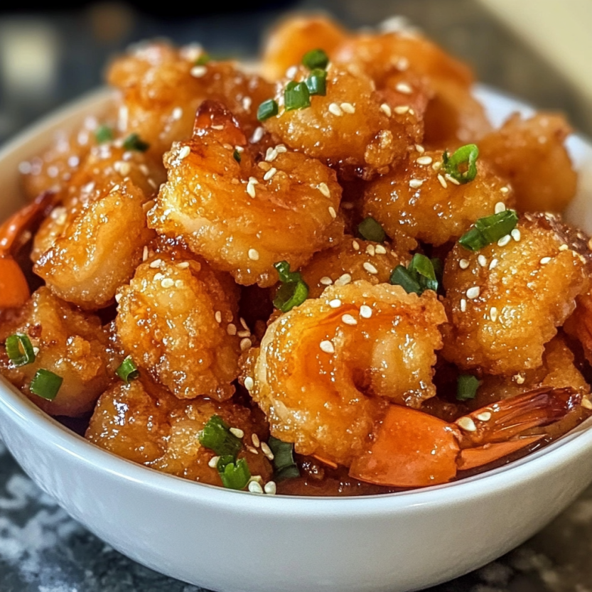 Une assiette de crispy hot honey fried shrimp.
