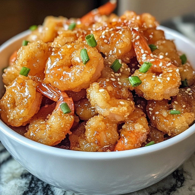 Une assiette de crispy hot honey fried shrimp.