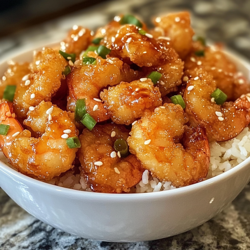 Une assiette de crispy hot honey fried shrimp.