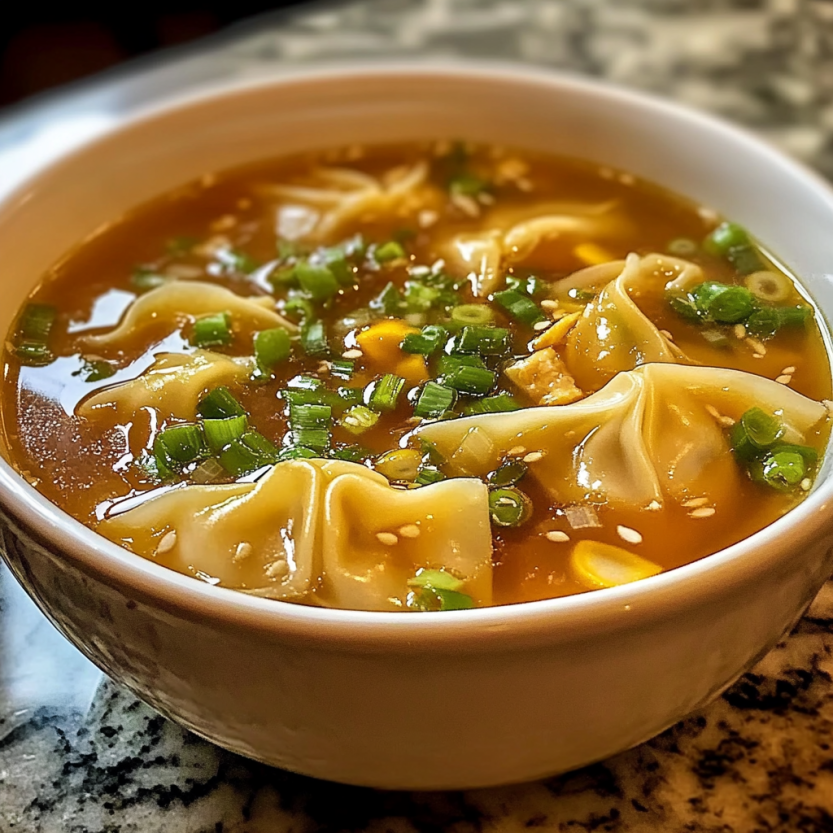 Une soupe de wontons chauffée dans un bol sur une table de cuisine.