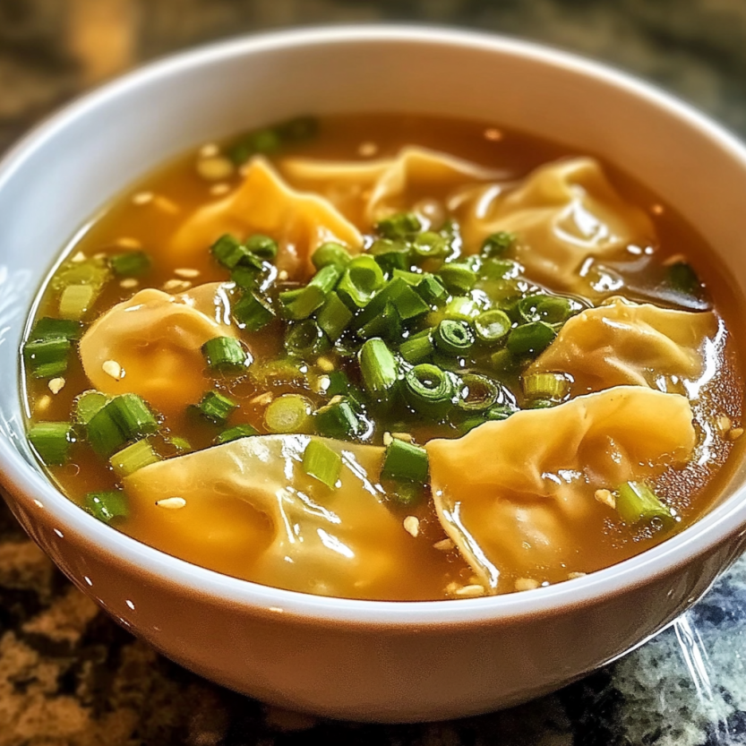 Une soupe de wontons chauffée dans un bol en porcelaine.