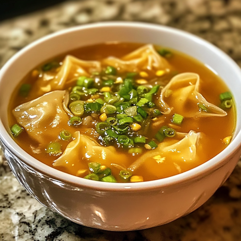 Une soupe de wontons est servie dans un bol en verre.