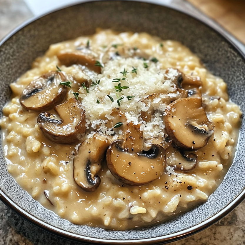 Une assiette de risotto aux champignons, avec des champignons et du parmesan sur le dessus.