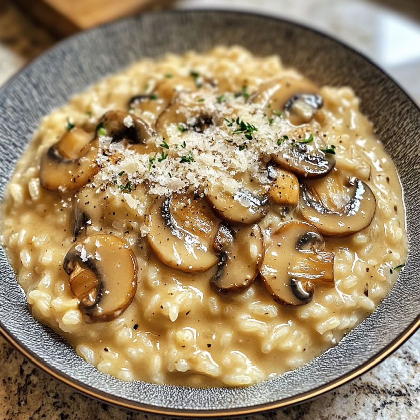 Une assiette de risotto aux champignons, avec des champignons et des herbes sur le dessus.