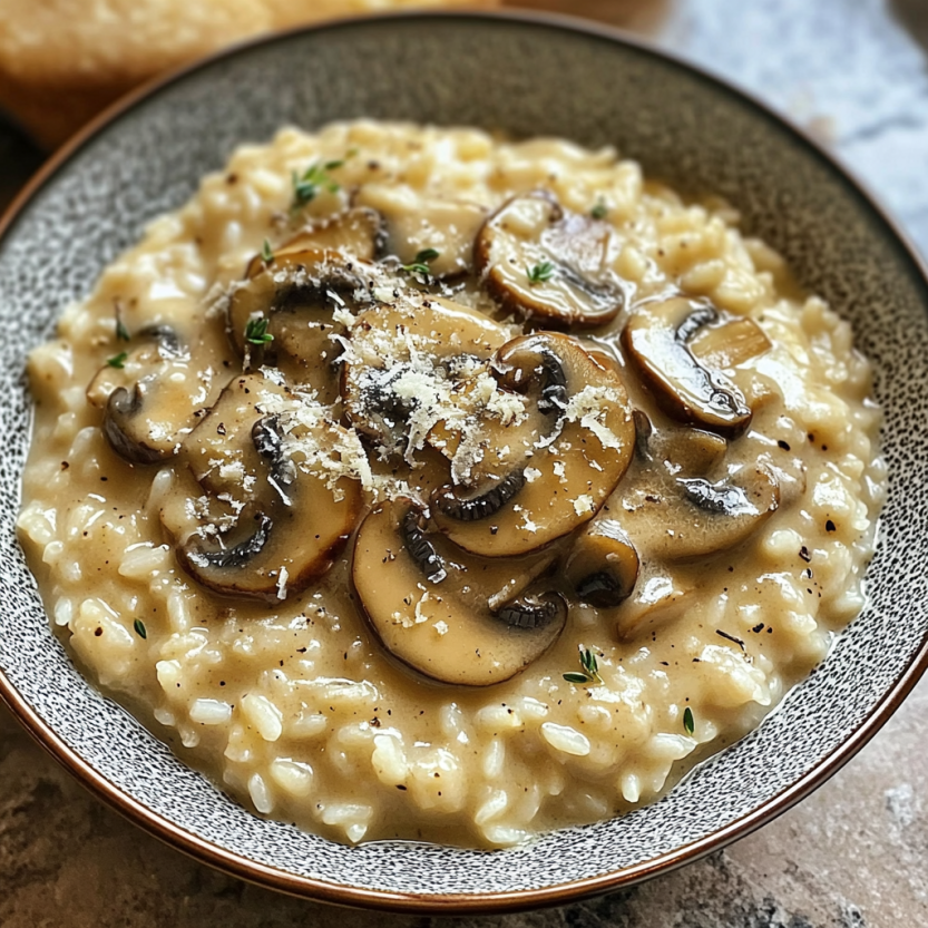 Une assiette de risotto aux champignons, avec des champignons et du parmesan sur le dessus.