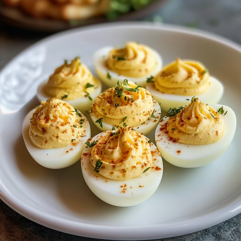 Plate of deviled eggs with a yellow sauce.