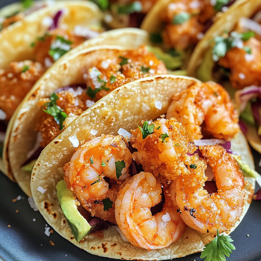 Des tacos de camarones bang bang sur un plateau noir.