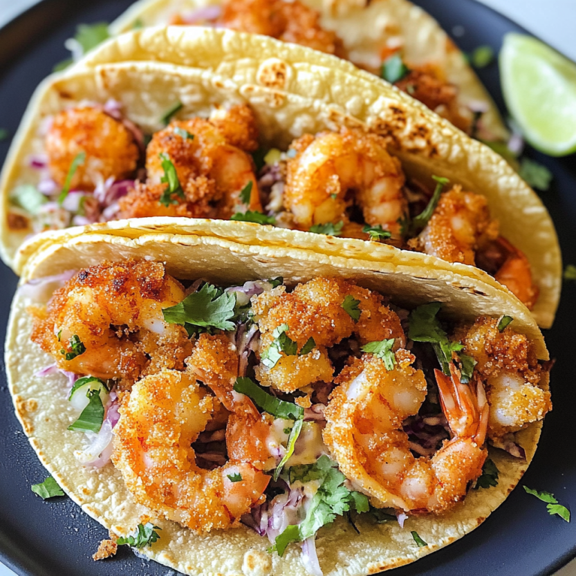 Des tacos de langoustines frites avec des légumes verts.