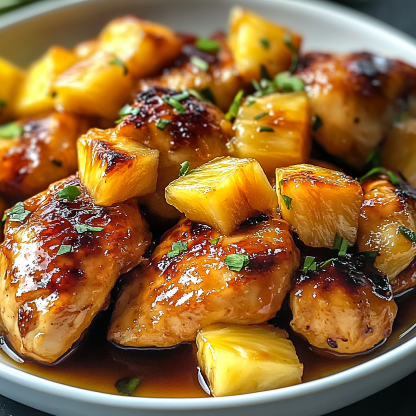 Une assiette de poulet grillé avec une sauce de pineapple, accompagné de herbes fraîches.