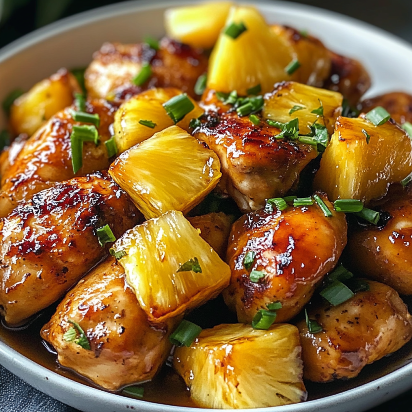 Une assiette de poulet grillé avec une sauce de pineapple, accompagné de légumes verts.