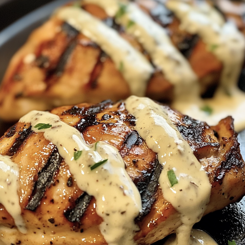 Des morceaux de poulet grillé avec une sauce blanche de l'Alabama.
