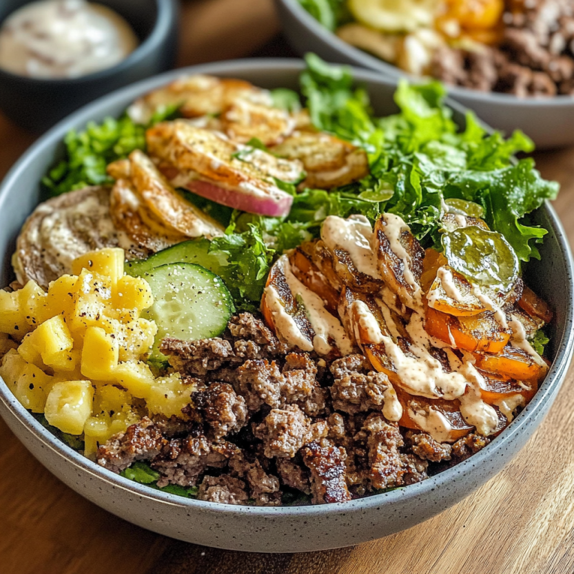 Des burger bowls remplis de légumes et de viande.