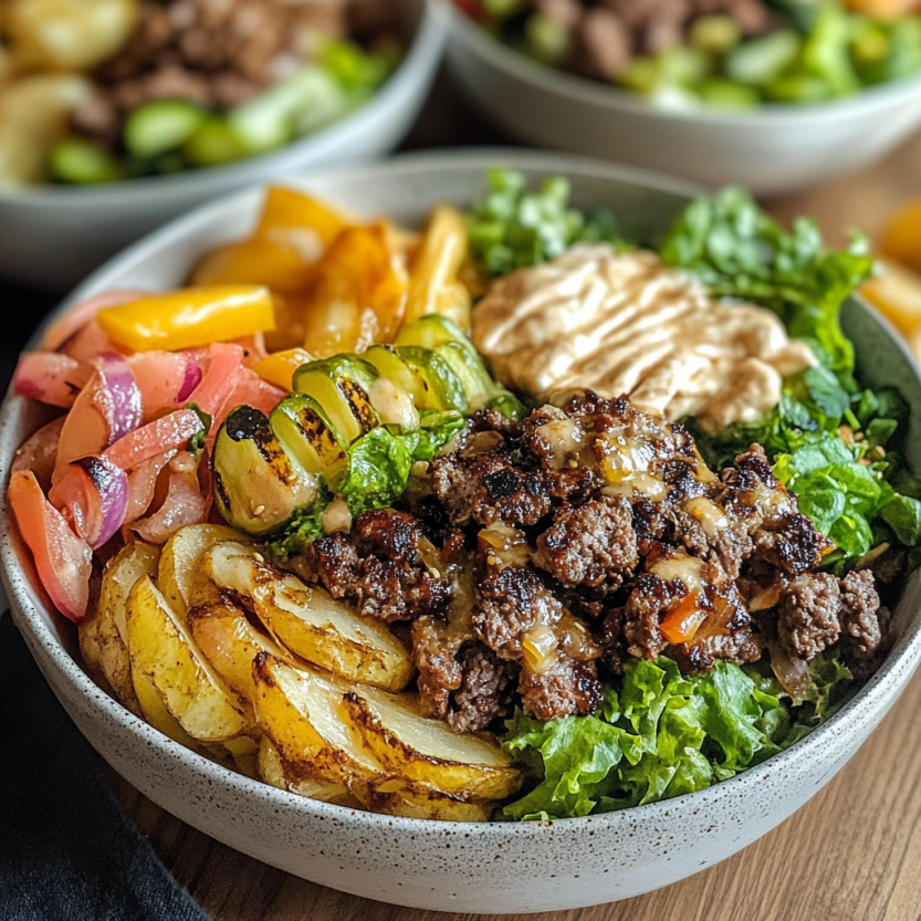 Des burger bowls remplis de légumes et de viande.