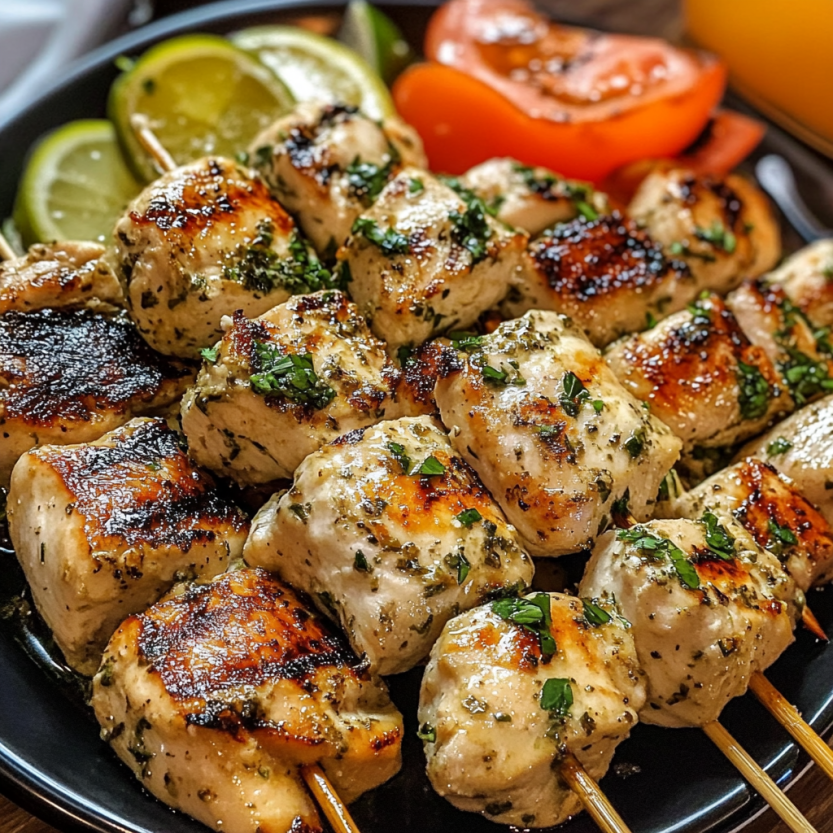 Une assiette de brochettes de poulet grillé avec des légumes.
