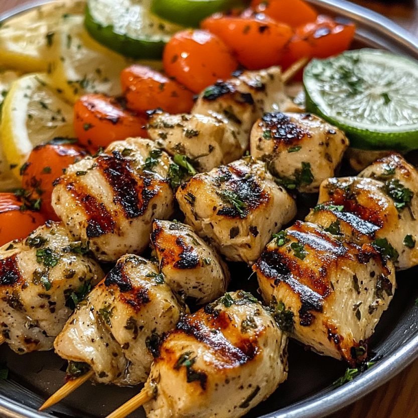 Une assiette de brochettes de poulet grillé avec des légumes.
