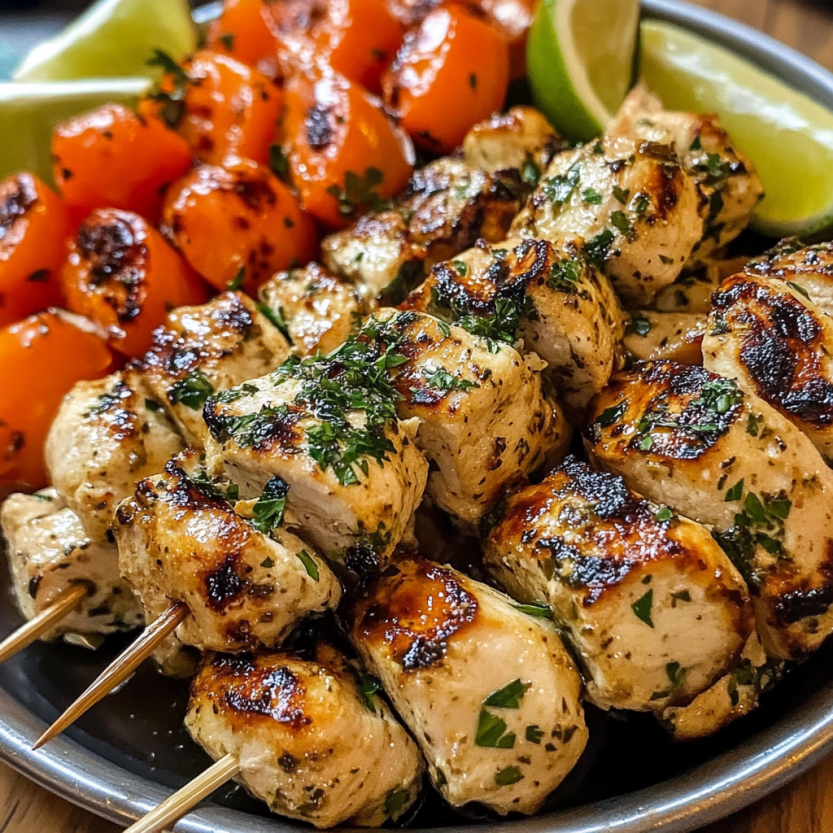 Une platée de brochettes de poulet grillé avec des légumes et des épices.
