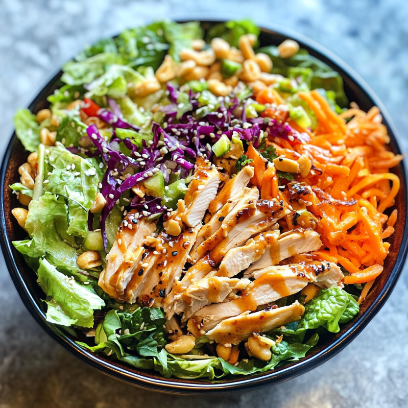Une salade asiatique composée de poulet grillé, de légumes verts et de noix.