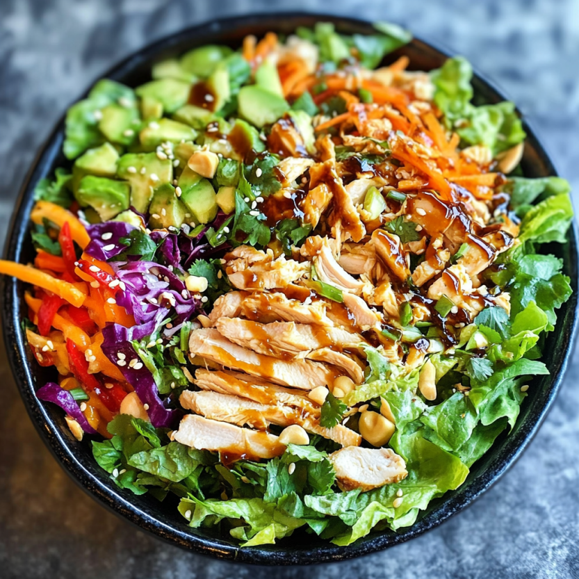 Une salade asiatique de poulet avec des légumes verts.