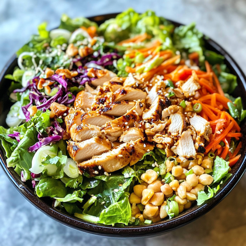 Une salade asiatique composée de poulet grillé, de légumes verts et de carottes.