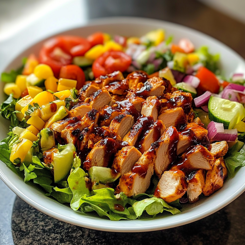 Une salade de poulet grillé avec des légumes variés.