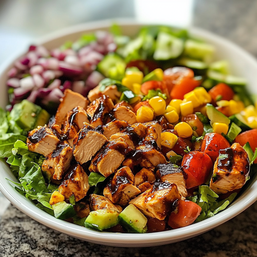 Une salade de poulet grillé avec des légumes choppés.