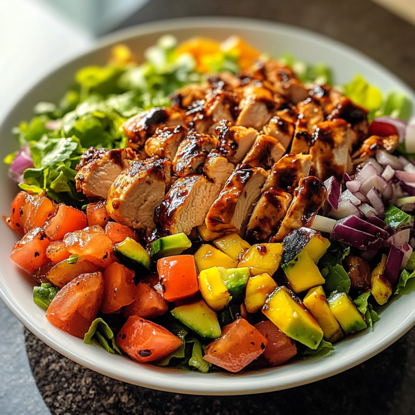 Une salade de poulet grillé avec des légumes choppés.