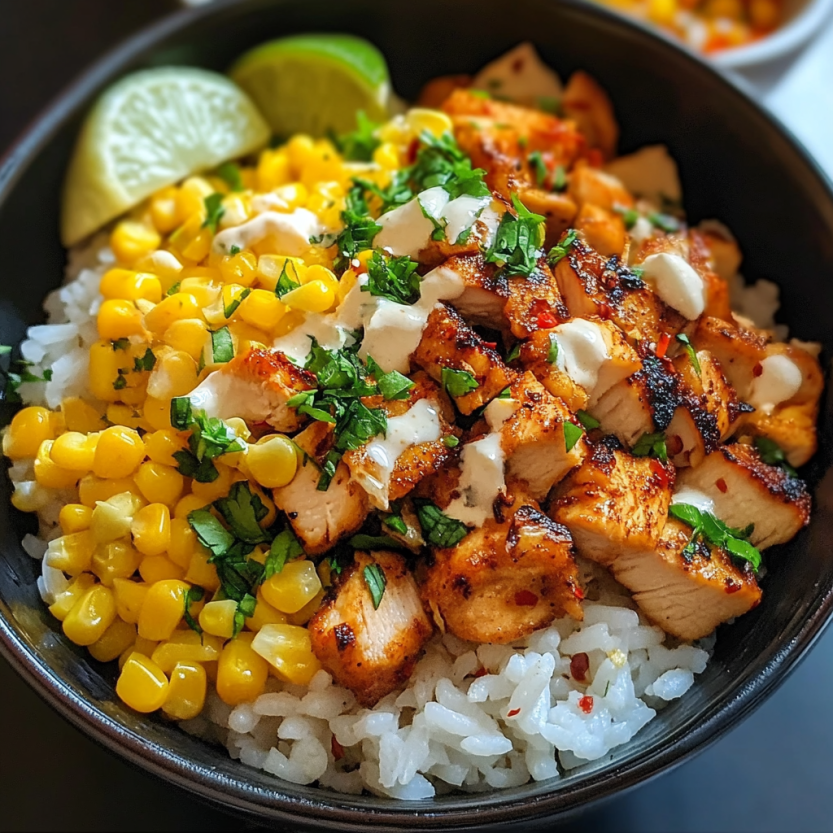Un bol de riz avec des légumes et des chicken.