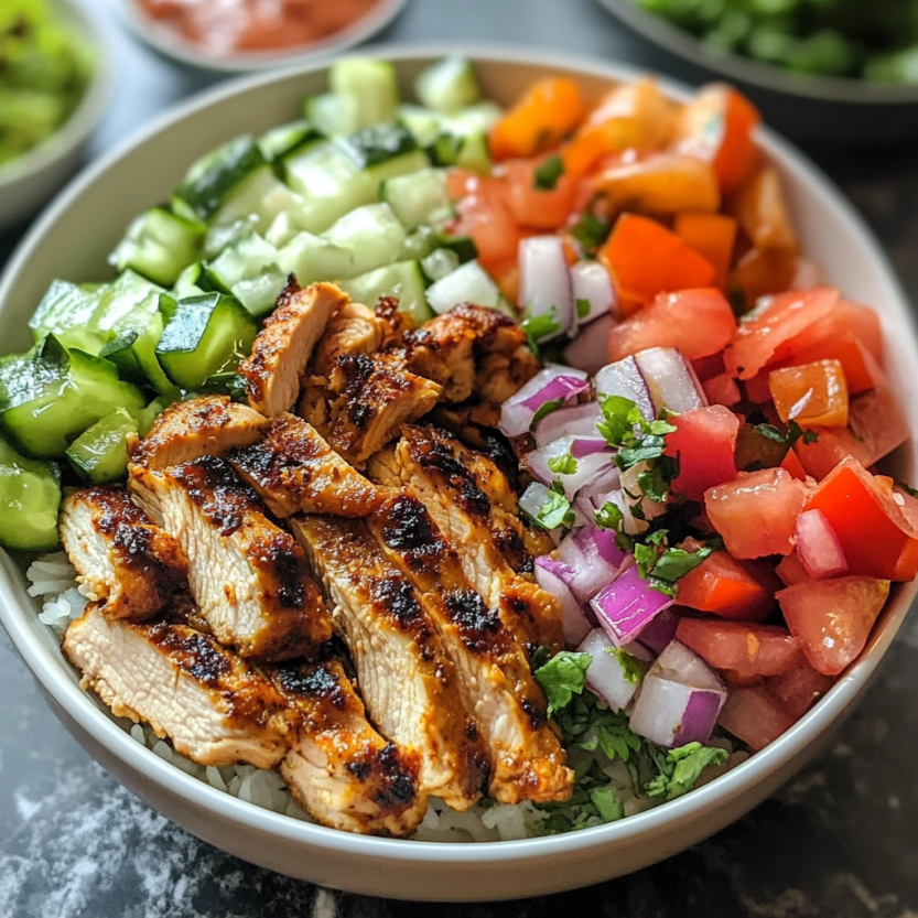 Une assiette de shawarma chicken avec des légumes verts et des tomates.