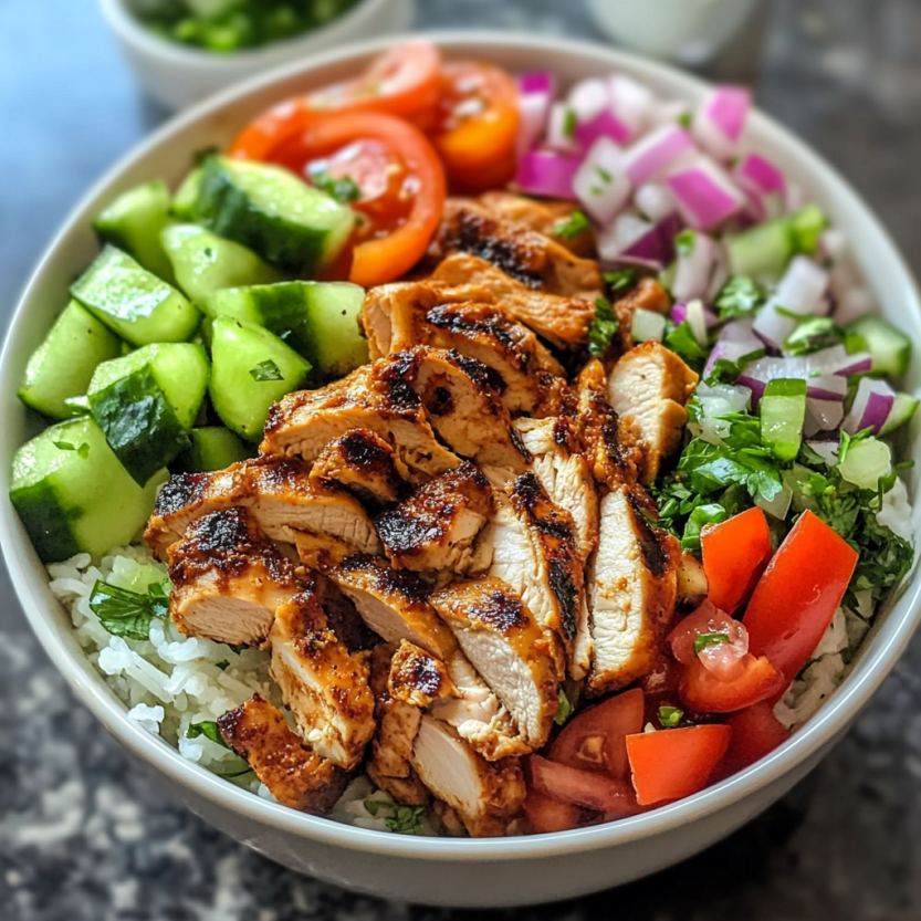 Une assiette de shawarma chicken avec des légumes verts et des tomates.