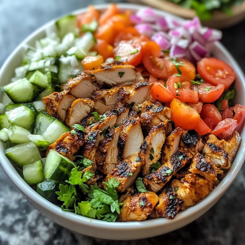 Une assiette de shawarma chicken avec des légumes verts et des tomates.