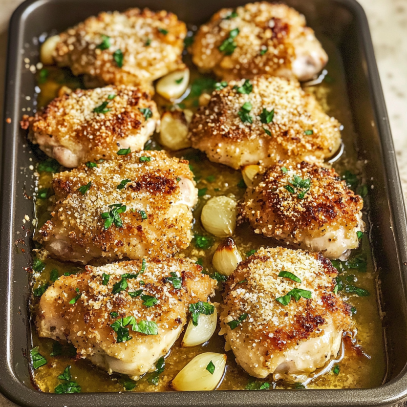 Une panne de cuisson contenant des poulets grillés avec des herbes et des graines de parmesan.