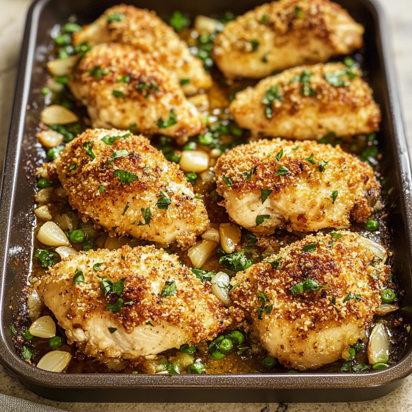 Une panne de cuisson contenant des poulets grillés avec des herbes et des pousses de céleri.