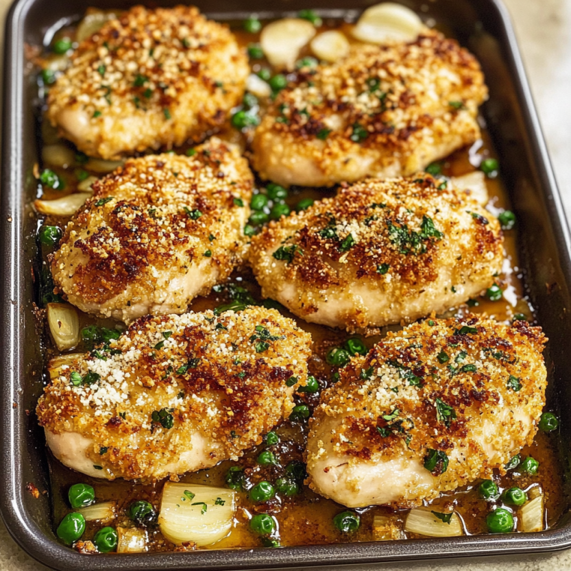 Une panne à poultry croustillant et parmesan avec des légumes.