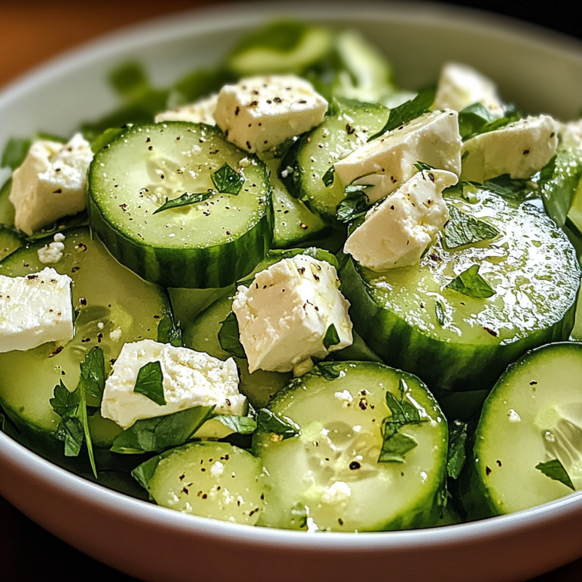 Une salade de cucumber feta dans un bol.