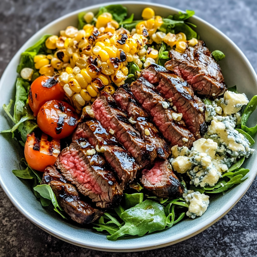 Une salade de steak grillé avec des cornichons grillés et des légumes verts.