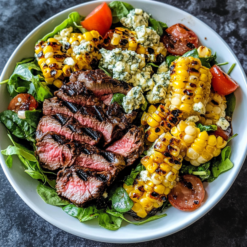 Une salade de steak grillé avec des légumes et du fromage gorgonzola.