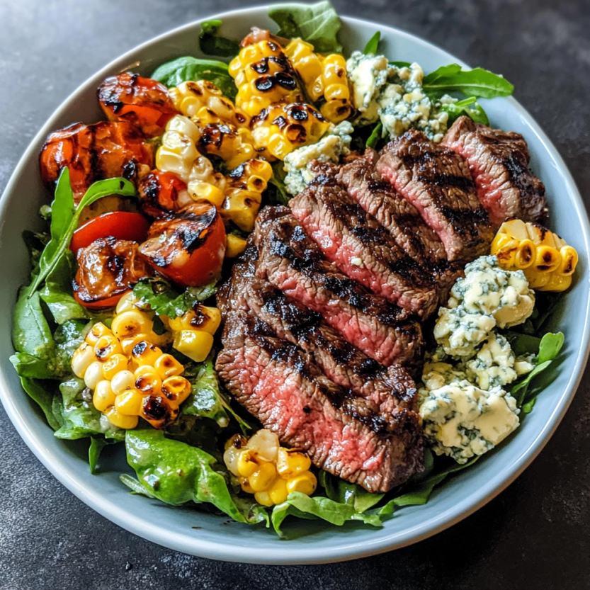 Une salade de steak grillé avec des légumes et du fromage.