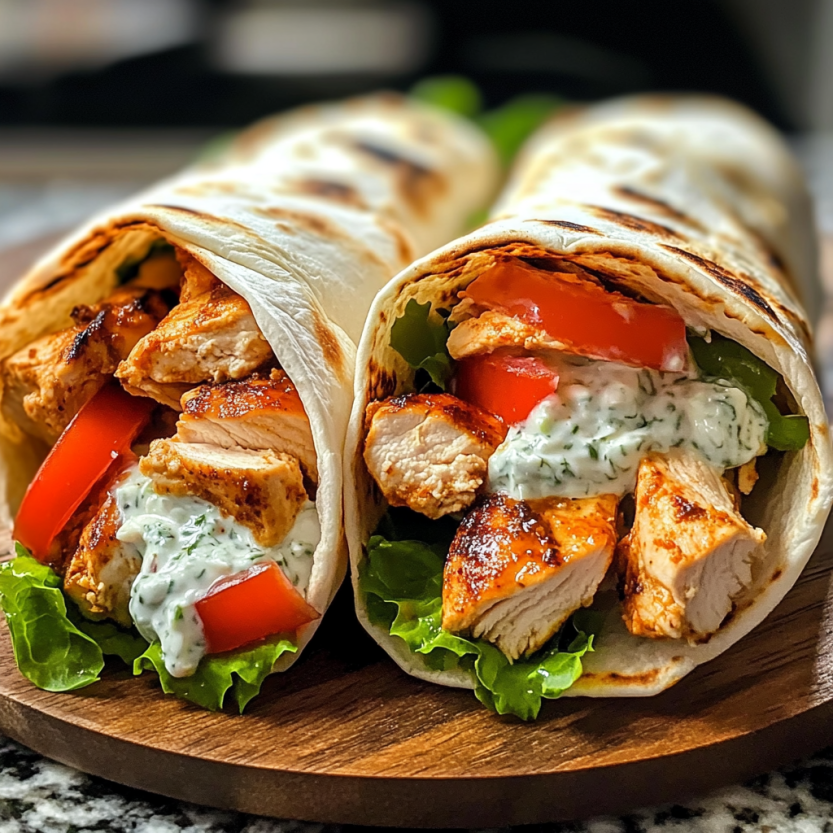 Une image de gyros de poulet méditerranéens avec une sauce crémeuse de feta et tzatziki.